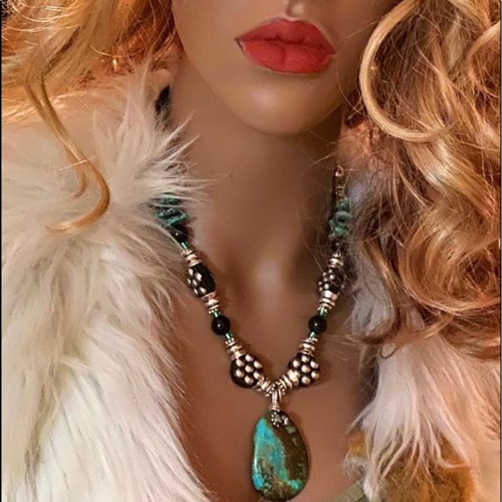 Huge Turquoise Pendant 19” OOAK STATEMENT NECKLACE